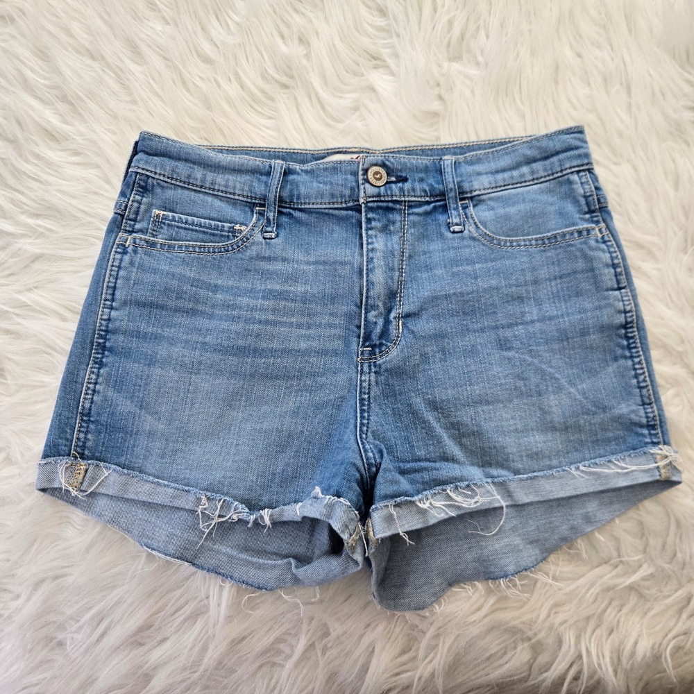 Hollister High Rise Denim Shorts Blue Raw Hem Size 7 W28 Cut Off Jean s Y2K